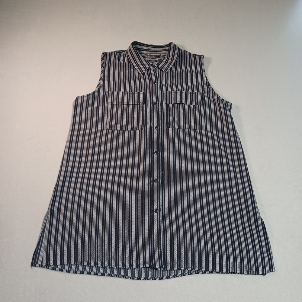 Adrianna Papell Womens Navy White Striped Sleeveless Button‎ Down Blouse Medium